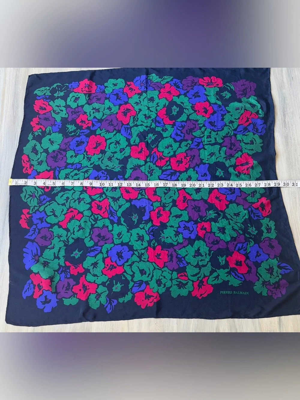 Balmain Navy Floral Silk Scarf Cottagecore Green Purple Pink Blooms